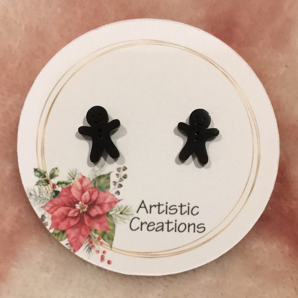 Christmas Winter Gingerbread Man Gunmetal Stud Pierced Earrings NWT .25x.50”